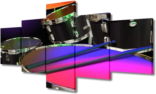Miniatura 41 de Arte de pared en blanco y negro, kit de batería de jazz morado sobre fondo negro, pinturas de 5 paneles, lienzo, arte de pared para decoración