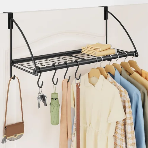 Miniatura 12 de Tajsoon Percha para colgar sobre la puerta con estante de almacenamiento y 6 ganchos, perchero para colgar abrigos, perchero de puerta para baño
