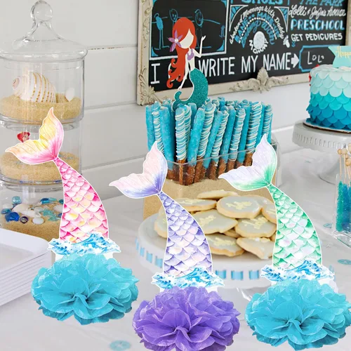 Miniatura 7 de Centros de mesa con temática de cola de sirena, centros de mesa de fiesta de cumpleaños de sirena, 12 piezas para decoración de mesa