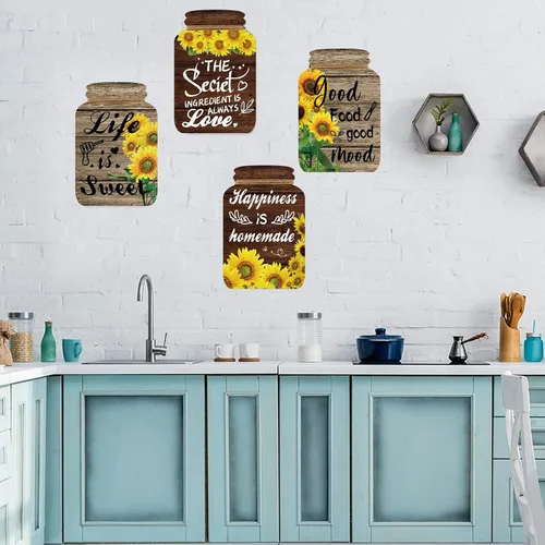 Miniatura 3 de Juego de 4 Piezas de Decoración de Pared de Cocina con Frascos Mason, Letreros de Madera para Cocina y Comedor, Arte de Pared Rústico, Decoración