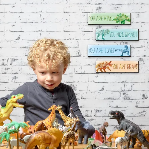 Miniatura 4 de Yalikop 4 piezas de decoración de habitación de dinosaurio para niños, pósters inspiracionales placa de pared para dormitorio de niños guardería