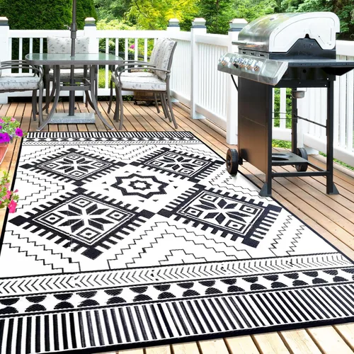 Miniatura 14 de Alfombra Impermeable para Exteriores 9x12 pies, Tapete de Paja de Plástico Reversible Boho para Patio RV Terraza Porche Patio Trasero Balcón Camping
