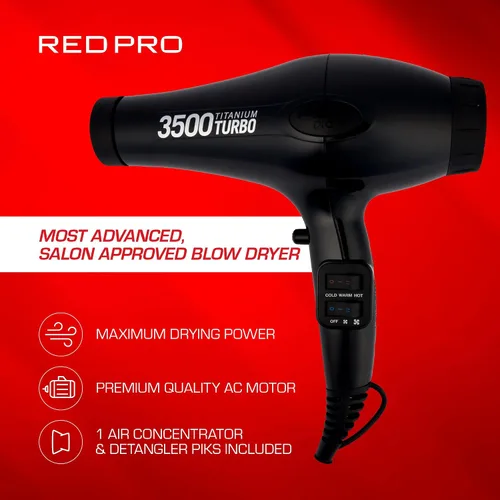 Miniatura 5 de Red Pro Secador de pelo de 3500 W Turbo Titanium con peine desenredante, cabello liso de secado rápido, multiajuste, botón de disparo frío, secadora