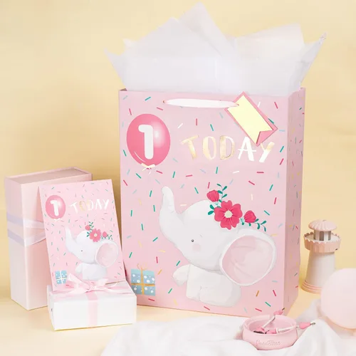 Miniatura 4 de WRAPAHOLIC Bolsa de regalo extra grande de 16.5 pulgadas con tarjeta y papel de seda, adorable diseño de elefante para bebé, baby shower, fiesta