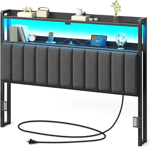 Rolanstar Cabecera para cama Queen Size con almacenamiento, 60,000 colores de luz LED, cabecera con puerto USB y tipo C, altura ajustable, cabeceras