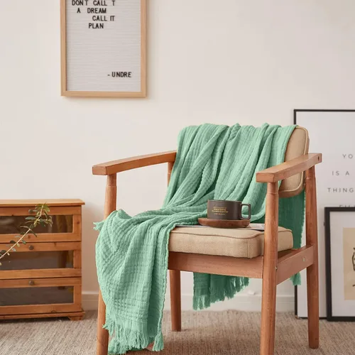 Miniatura 17 de Simple&Opulence Manta de muselina de algodón para cama, sofá, manta de gasa tejida de punto con borlas, suave, ligera, acogedora, prelavada
