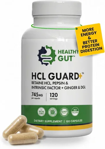 Healthy Gut HCL Guard | Betaína HCl con pepsina | Suplemento digestivo de clorhidrato de betaína con raíz de jengibre orgánico y DGL | 60 porciones