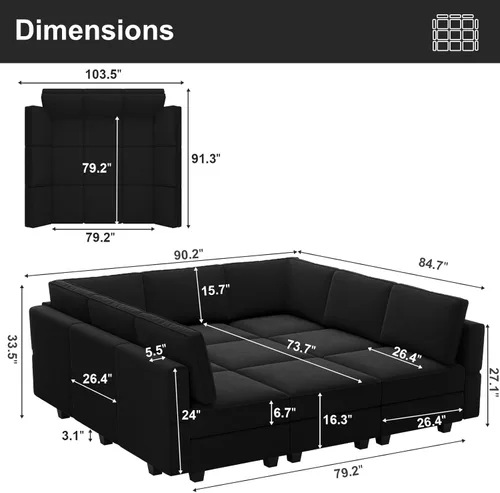 Miniatura 2 de Belffin - Sofá modular seccional con otomanos, terciopelo reversible, cama para invitados, tumbona, asiento con almacenamiento, color negro