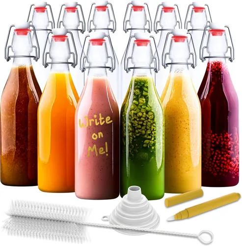 Nevlers Botellas de vidrio con tapa abatible de 17 onzas, paquete de 12 botellas redondas transparentes con tapa abatible de 16.9 fl oz para