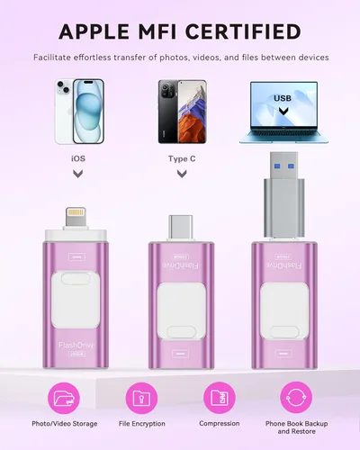 Miniatura 2 de Unidad Flash Certificada MFi Apple de 256GB para iPhone, Palillo de Fotos, Memoria USB Stick para Fotos y Videos, Unidad Flash de Alta Velocidad Rojo