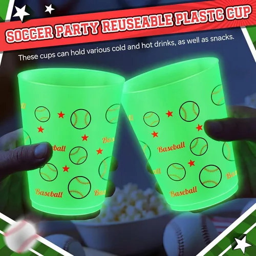 Miniatura 6 de 24 vasos de béisbol que brillan en la oscuridad, vasos de plástico esmerilados de 16 onzas, vaso verde reutilizable con patrones de estrellas