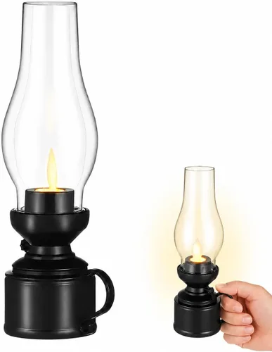 Zerodeko Lámpara de queroseno vintage sin llama, lámpara de mesa LED de queroseno, lámpara transparente de huracán, funciona con pilas, mesita de