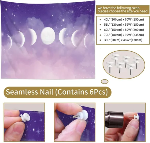 Miniatura 8 de HVEST Tapiz de fase lunar para colgar en la pared, cielo morado con nubes, estrellas, decoración de pared celestial, paisaje natural, decoración