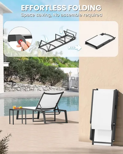 Miniatura 3 de Silla de Salón de Aluminio para Exterior, Sillas de Salón Plegables y sin Montaje para Patio y Piscina, Silla Reclinable de 5 Posiciones para Blanco