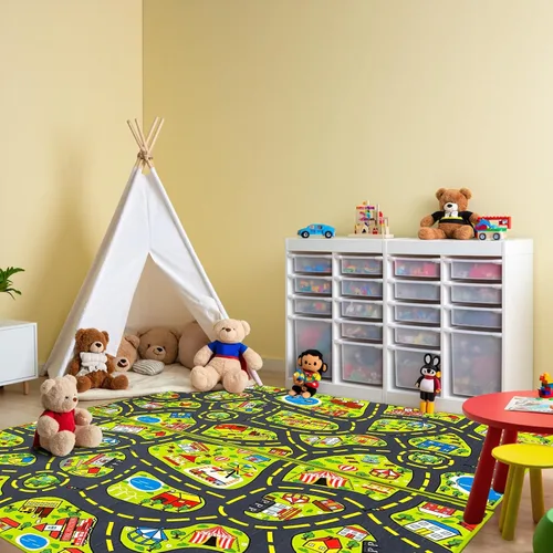 Miniatura 6 de Alfombra de juego para niños (2.6 x 5 pies), 2 unidades, alfombra de carretera para niños, alfombra de mapa de ruta de la ciudad, alfombra