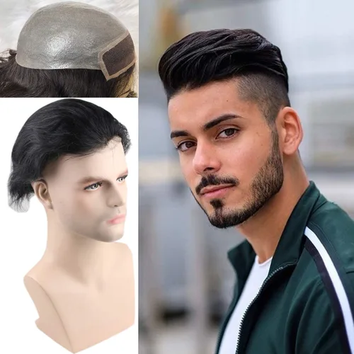 Miniatura 4 de Voloria Toupee para hombres 100% cabello humano europeo suizo frente encaje frontal natural piezas de cabello 0.003 in piel fina PU V-looped sistema