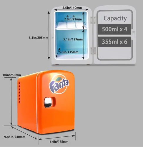 Miniatura 8 de Coca-Cola Fanta FA04 - Mini refrigerador portátil de 4 litros/4.2 cuartos de galón, 6 latas, para alimentos, bebidas, naranja