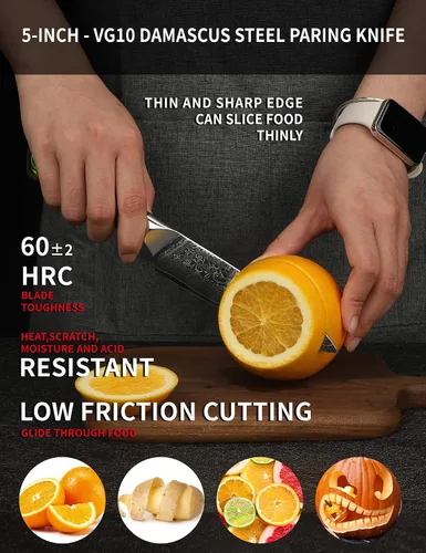 Miniatura 3 de Cuchillo utilitario de cocina de 5 pulgadas, cuchillos de cocina de la serie Xuan, acero de damasco VG10 con mango de resina (naranja fantasía)