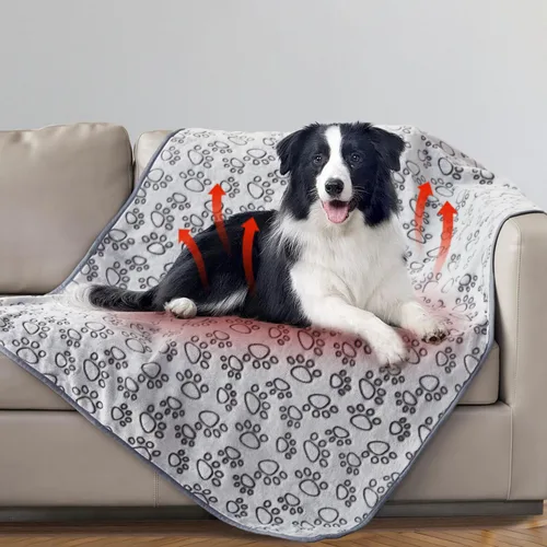 Manta para perros rellena premium suave, con impresión de huella de pata gris de franela, 43 * 66 pulgadas, manta autocalentable para gatos,