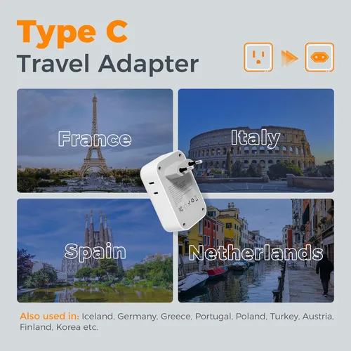 Miniatura 3 de Adaptador de enchufe de viaje europeo, adaptador de corriente TESSAN International con 4 tomas, 4 puertos USB (2 USB-C, 1 con PD 20W), adaptador