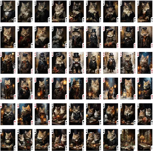 Miniatura 2 de Gatos victorianos que juegan a las cartas (baraja de póquer 54 cartas todas diferentes) Gatos guapos en trajes victorianos y sombreros lindos gatos