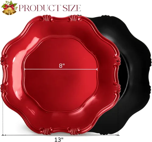 Miniatura 2 de ZOOFOX Juego de 12 salvamanteles rojos, salvamanteles metálicos de 13" con bordes festoneados para plato de cena, platos de servicio decorativos
