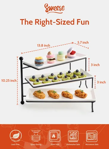Miniatura 2 de Sweese Soporte para servir de 3 niveles, soporte rectangular plegable de exhibición de alimentos con platos de porcelana blanca, bandejas
