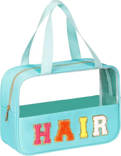 BuyCard Bolsas de Viaje Transparentes con Parche de Letra de Chenilla, Bolsa de Maquillaje Preppy de PVC y Nylon con Asa y Cremallera, Bolsa de