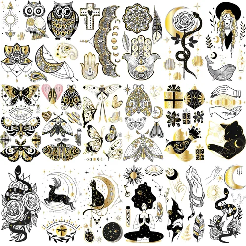 Glaryyears Tatuaje temporal dorado metálico, paquete de 18 tatuajes falsos de larga duración, paquete variado de tatuajes realistas de tamaño