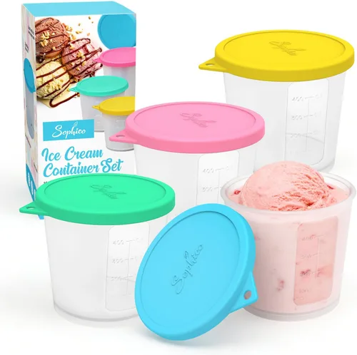 SOPHICO Recipientes para helado con tapas de silicona, recipientes de almacenamiento de alimentos para congelador para helado casero, preparación de