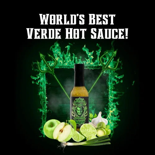 Miniatura 5 de Hellfire Hot Sauce Devil's Blend - Salsa Verde Gourmet picante picante de Carolina Reaper asada al fuego, presentada en el programa de televisión