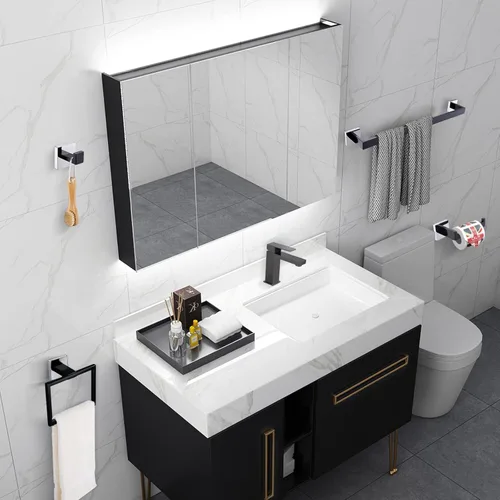 Miniatura 6 de Conjuntos de Soportes para Toalleros de Baño Negro y Pulido, Juego de Ferretería de Baño de 4 Piezas de Acero Inoxidable, Kit de Accesorios de Baño.