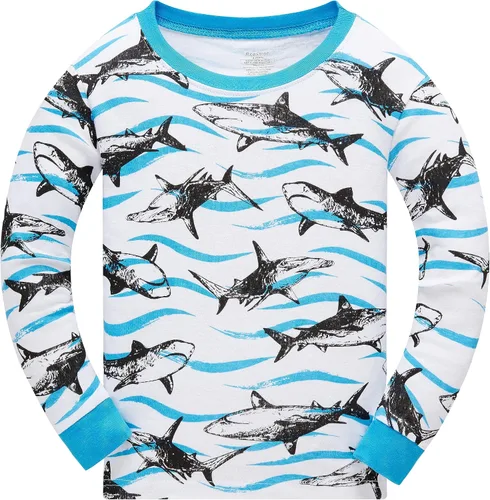 Miniatura 2 de Pijama de dos piezas para niños pequeños con dinosaurio que brilla en la oscuridad, 100 % de algodón ropa de tiburón para dormir tamaño 2-10T