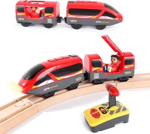 Tren a pilas para pista de madera, potente locomotora con motor de control remoto, juguete de tren con luz y sonidos, regalo para niños pequeños,