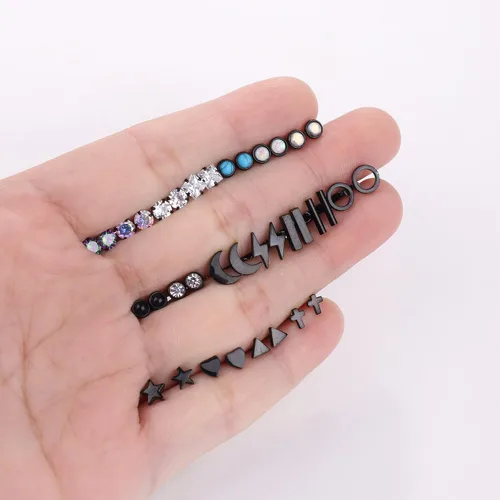 Miniatura 7 de TEN MIRO Juego de 18 pares de aretes pequeños para cartílago para mujeres y hombres, acero inoxidable 316L, 20G, cartílago, hélix, luna, estrella