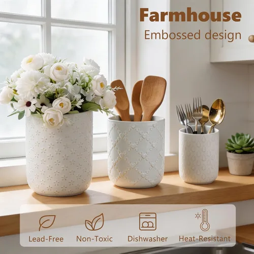 Miniatura 6 de Soporte para utensilios de cocina en relieve, recipiente de cerámica blanca para encimera, organizador grande de utensilios para espátula, cuchara