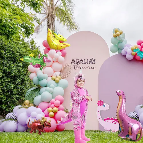 Miniatura 4 de Kit de arco de guirnalda de globos de dinosaurio rosa con globo de dinosaurio rosa pastel, morado, verde azulado y globo de dinosaurio de aluminio