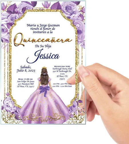 Avior Invitación de quinceañera lila vestido de cristal acrílico, rosa Mis membrillo, dulce 15, dulce 16, diseño floral, diseño español membrillo