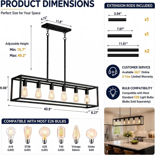 Miniatura 3 de Iluminación negra para isla de cocina, moderna lámpara rectangular de jaula lineal, 3 luces, lámpara colgante de metal industrial para granja
