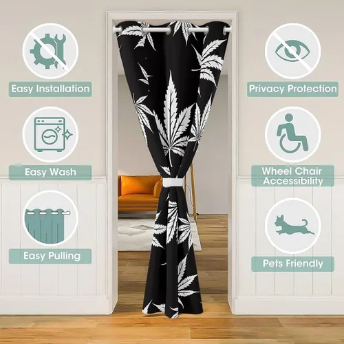 Miniatura 3 de Erosebridal Cortinas opacas de hojas para ventana de puerta, cortinas opacas de hojas blancas y negras, cortina de puerta de hojas, plantas Hojas
