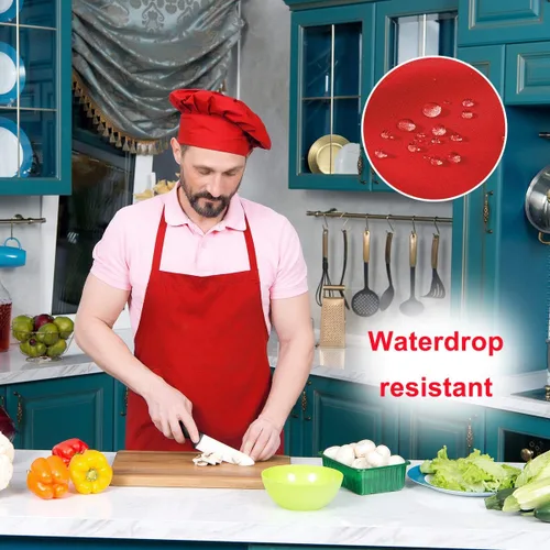 Miniatura 5 de Paquete de 2 gorros de chef y delantales para mujeres y hombres, delantales de cocina con bolsillos para hornear barbacoa