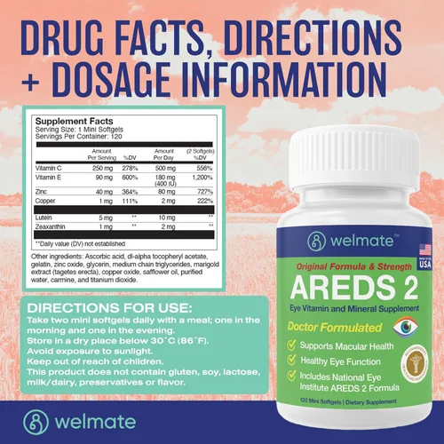 Miniatura 5 de WELMATE - AREDS 2 (60 porciones) - Suplemento vitamínico y mineral para los ojos - Vitamina C, zinc, luteína, zeaxantina - Salud macular - Formulado