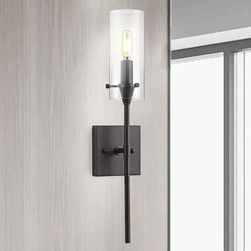 Miniatura 2 de JONATHAN Y Lámpara LED moderna de bronce aceitado de 4.5 pulgadas, pantalla cilíndrica de vidrio transparente, lámpara de pared para espejo de baño