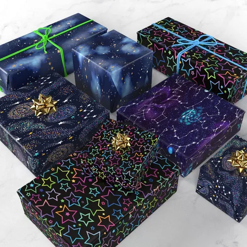 Miniatura 6 de GIOLNIAY Papel de regalo de galaxia para niños y niñas, cumpleaños, baby shower, estrellas de neón, cielo nocturno, galaxia con nebulosa, 8 hojas