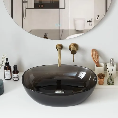 Miniatura 3 de Cpingao Fregadero ovalado translúcido de 23 x 15 pulgadas para gabinete, encimera de resina de piedra en forma de barco para lavabo con drenaje Negro
