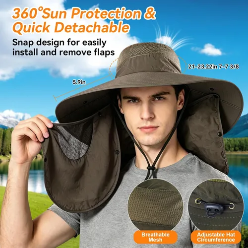 Miniatura 3 de Sombrero de pesca de ala súper ancha UPF 50+, sombrero de safari solar con solapa extraíble para el cuello
