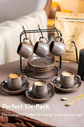 Miniatura 7 de LYEOBOH Juego de 6 tazas y platillos de espresso de 3 onzas, tazas de café pequeñas de cerámica con soporte de metal y cucharas, lindas tazas Marrón