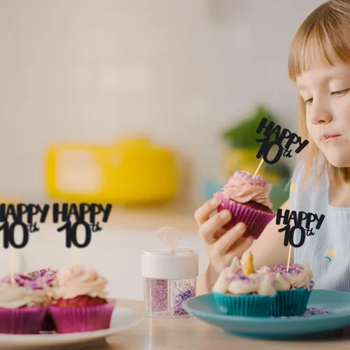 Miniatura 4 de Gyufise Paquete de 24 adornos negros para cupcakes con el número 10, para celebrar 10 cumpleaños, bodas, aniversarios, fiestas, suministros