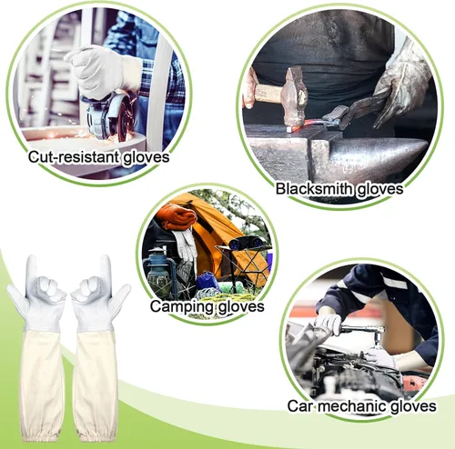 Miniatura 7 de ANPHSIN 2 pares de guantes largos de piel de cabra para apicultores, guantes de cuero protegidos, suministros de apicultura, blanco/amarillo