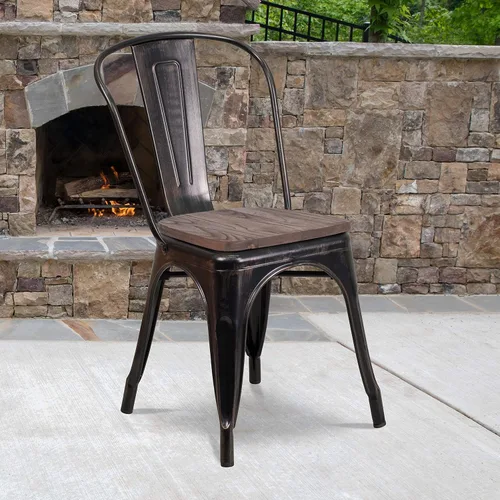 Miniatura 13 de EMMA + OLIVER Silla apilable de metal negro con asiento de madera